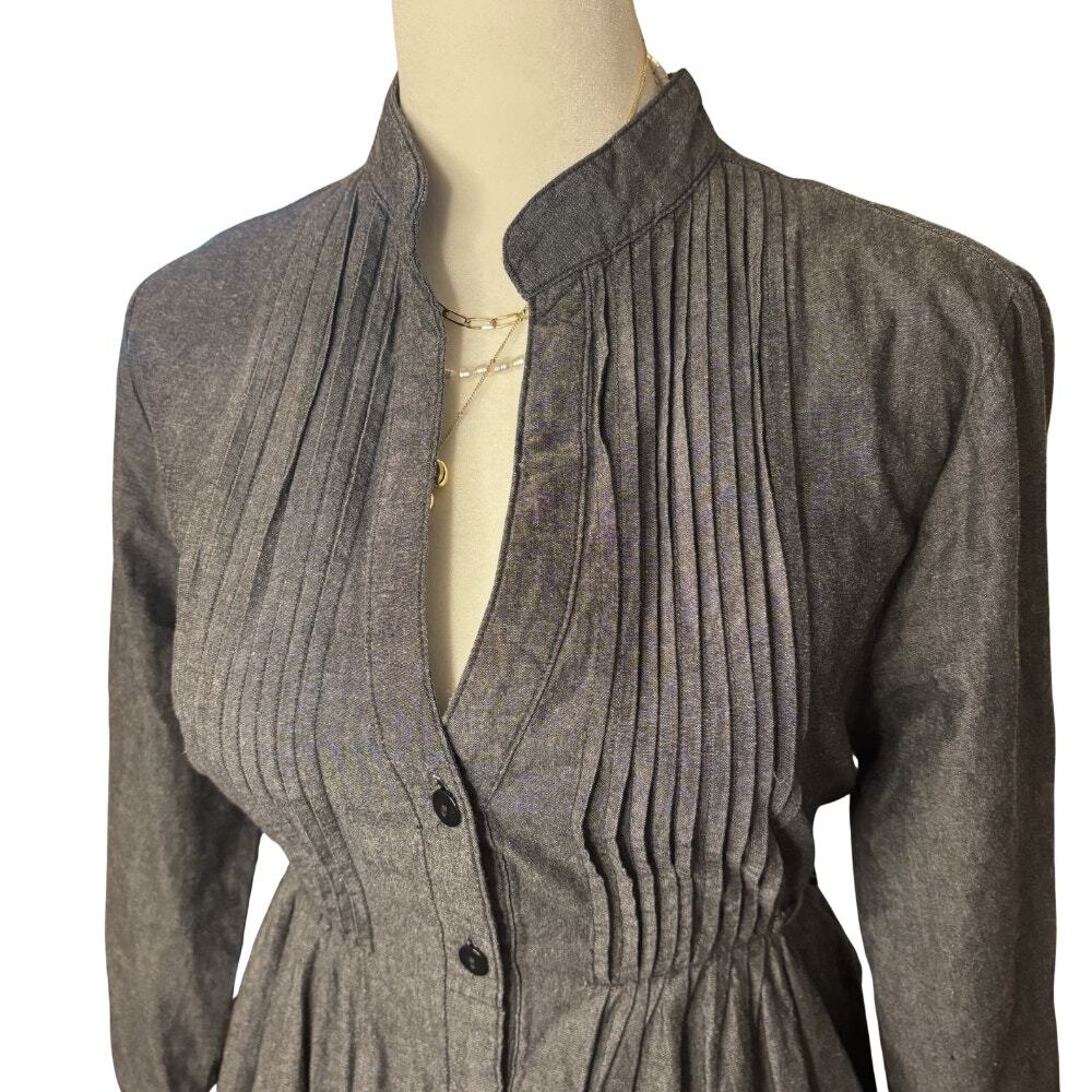 Vintage Passport Gray 100% Cotton Pintuck Tunic Dress Mini Longline Shirt L 90s - Picture 2 of 8